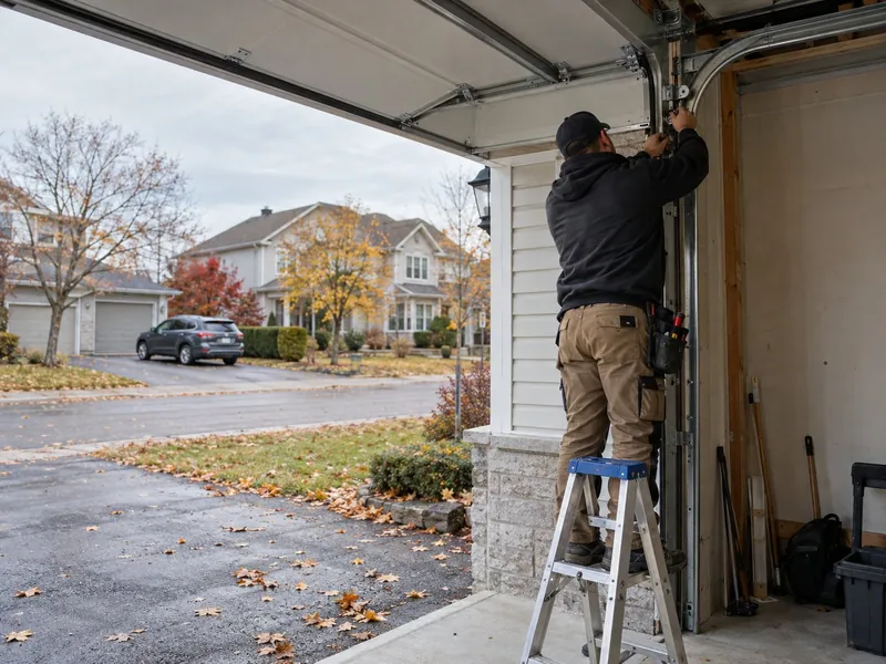 A technician on an aluminium step ladder adjusts the vertical track of an open white sectional garage door, with an autumn suburban street and fallen leaves on the driveway behind him.
