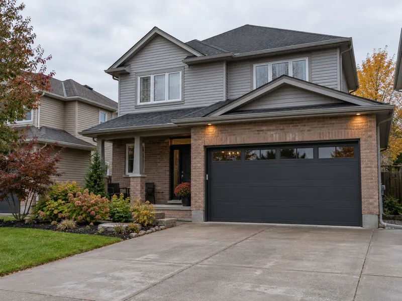 A two-storey suburban house with grey vinyl siding and a brick front has a dark charcoal sectional garage door with a row of windows across the top panel.