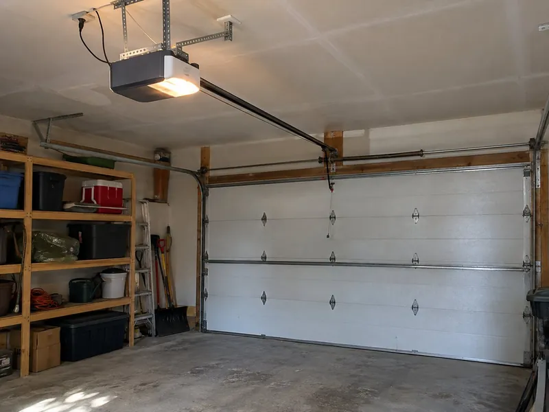 A ceiling-mounted garage door opener hangs from perforated steel brackets, and its rail runs to a closed white insulated sectional door in a tidy two-car garage with storage shelves.